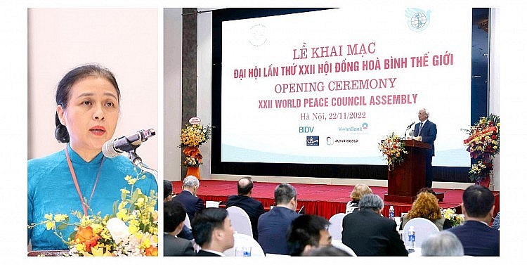 Left photo: President Nguyen Phuong Nga speaks at the 22nd World Peace Council Assembly, 2022. Right photo: Opening of the 22nd World Peace Council Assembly, 2022.