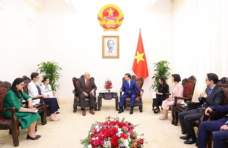  Deputy Prime Minister Tran Hong Ha (R)  hosts WHO Regional Director for the Western Pacific Dr. Saia Ma’u Piukala (Photo: VGP)