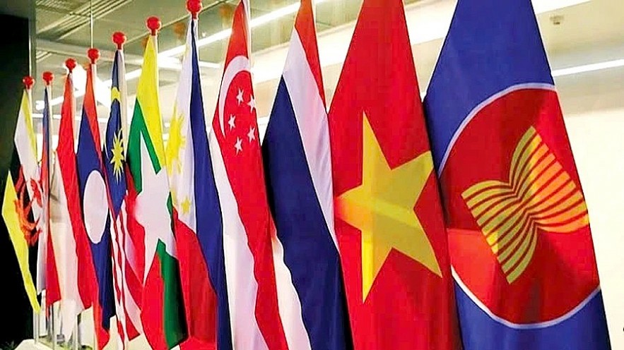 National flags of 10 ASEAN member states and the flag of ASEAN.