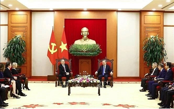 Party General Secretary To Lam (R) receives US Senator Steven David Daines. Party General Secretary To Lam (R) receives US Senator Steven David Daines.
