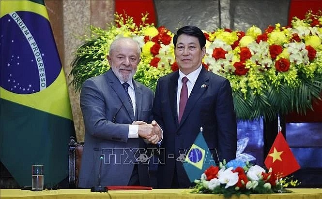 President of Vietnam Luong Cuong and President of the Federative Republic of Brazil Luiz Inácio Lula da Silva following their meeting with media (Photo: VNA)