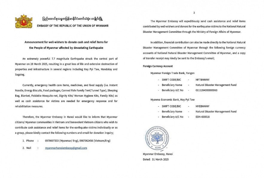 Vietnam - Myanmar Friendship Association Expresses Sympathy for Earthquake Victims