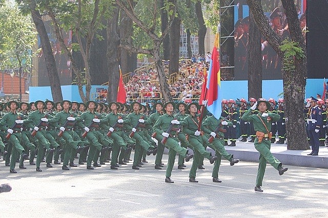 Vietnamese People's Army Forcers in full dress parade rehearsal to celebrate the 50th anniversary of National Reunification
