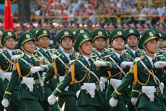 Vietnamese People's Army Forcers in full dress parade rehearsal to celebrate the 50th anniversary of National Reunification