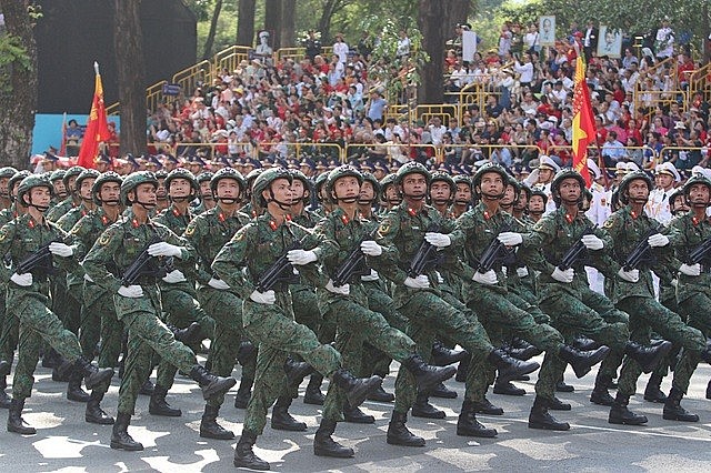 Vietnamese People's Army Forcers in full dress parade rehearsal to celebrate the 50th anniversary of National Reunification