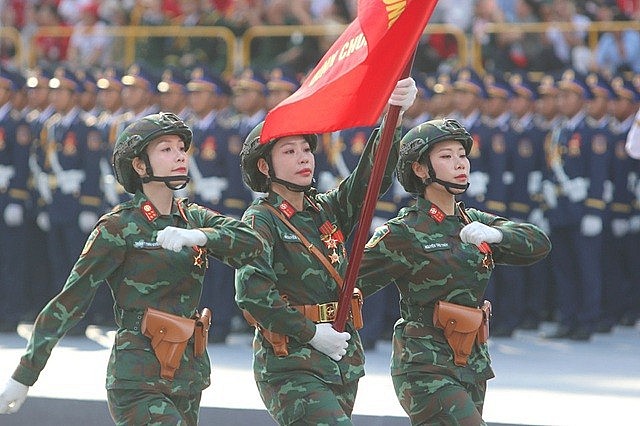 Vietnamese People's Army Forcers in full dress parade rehearsal to celebrate the 50th anniversary of National Reunification