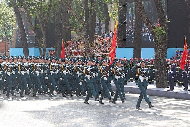 Vietnamese People's Army Forcers in full dress parade rehearsal to celebrate the 50th anniversary of National Reunification