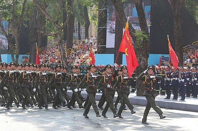 Vietnamese People's Army Forcers in full dress parade rehearsal to celebrate the 50th anniversary of National Reunification