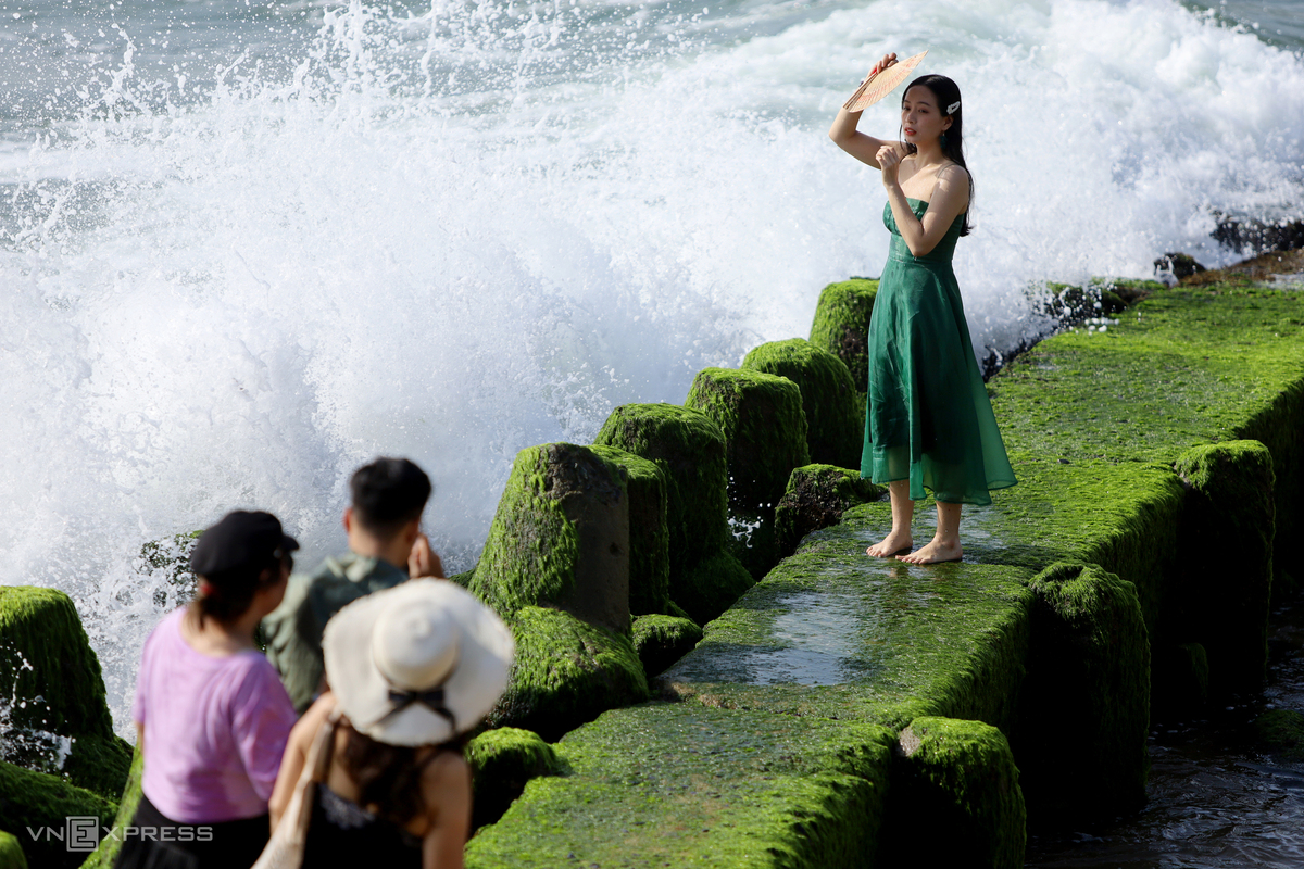 Sea wall covered with forest green moss making a touristic scene in Nha Trang