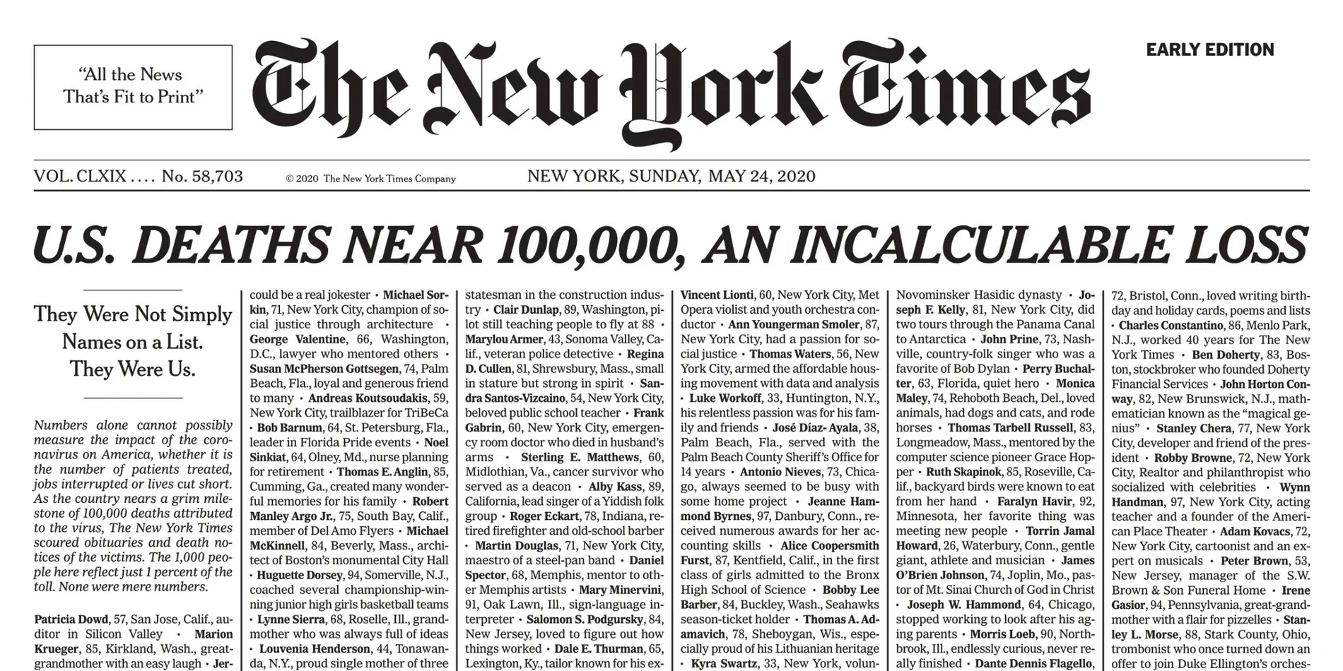 NY Time’s front page reveals heart-breaking name list of 1,000 COVID-19 deaths – just 1% of US’ tally