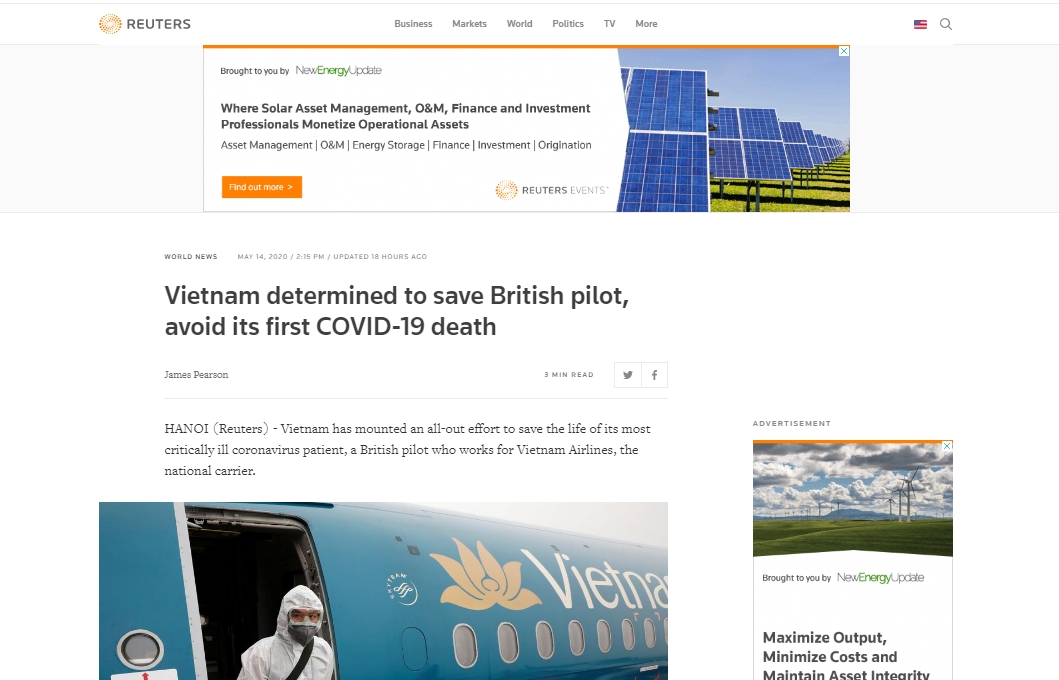 Reuters lauds Vietnam’s determination to save the critical COVID-19 British pilot
