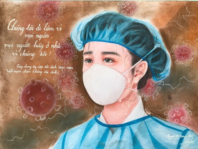 Nguyen Thi Huong's first painting depicts a female frontline doctor who spends days and nights working in hospitals