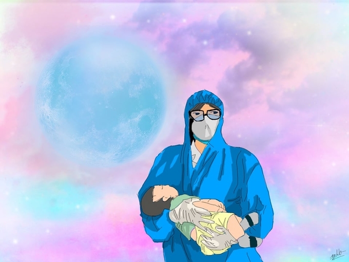 A doctor carrying a baby on his hands