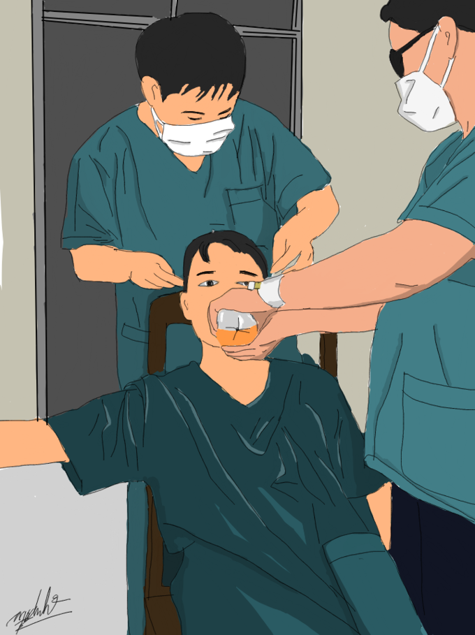 Doctors helping patient drinking drug