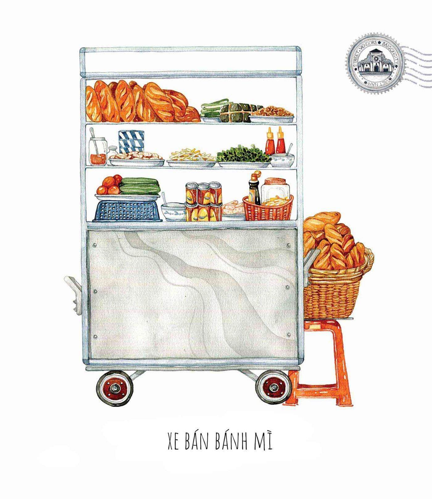 Sketches of foodcarts reveal a glimpse into Vietnamese culinary culture Bread cart