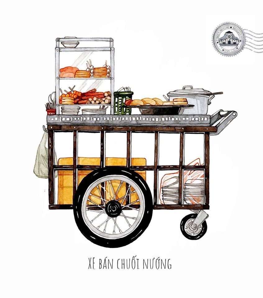 Sketches of foodcarts reveal a glimpse into Vietnamese culinary culture Grilled banana cart