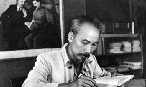 President Ho Chi Minh with Aspiration for Independence, Freedom, Happiness spotlighted