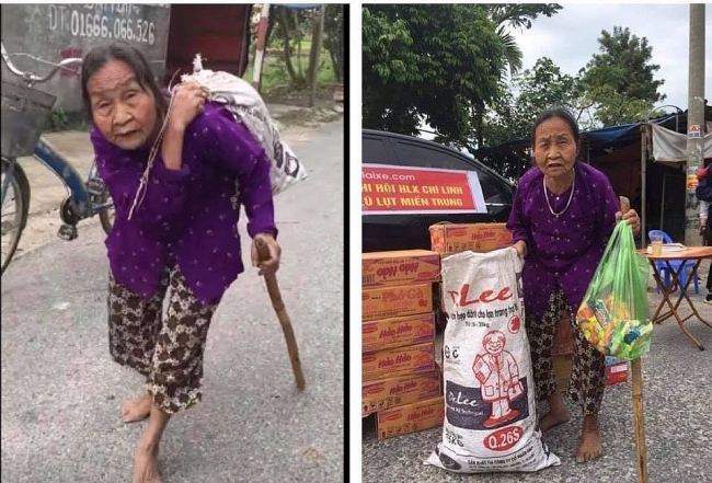 Flood in Central Vietnam: Heart-touching video of old grandma carries donated clothes on back