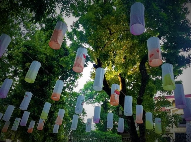 hanoi mural street highlighted with hanging lanterns in mid autumn fest