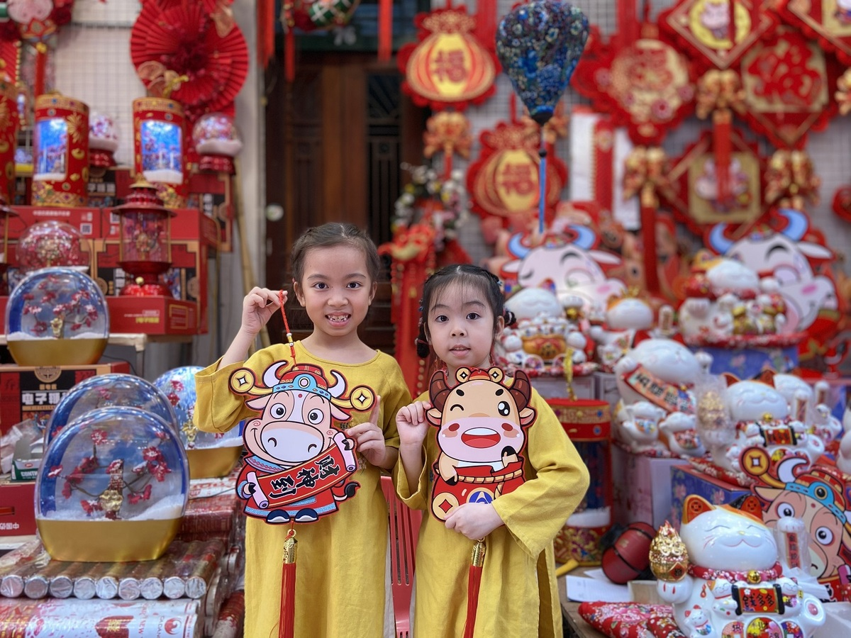 Two kids were taken by their mother to the Old Quarter to take photos and buy Tet decorations. Thanh Yen from Ho Chi Minh City, the mother said: Hanoi's Old Quarter gets ready for traditional Tet holiday