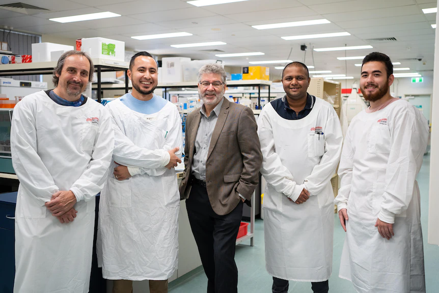 Griffith University's COVID-19 antiviral research team (LtoR) Professor Kevin Morris, Dr Adi Idris, Professor Nigel McMillan, Dr Arron Supramanin and Mr Yusif Idres.(Supplied: Griffith University)