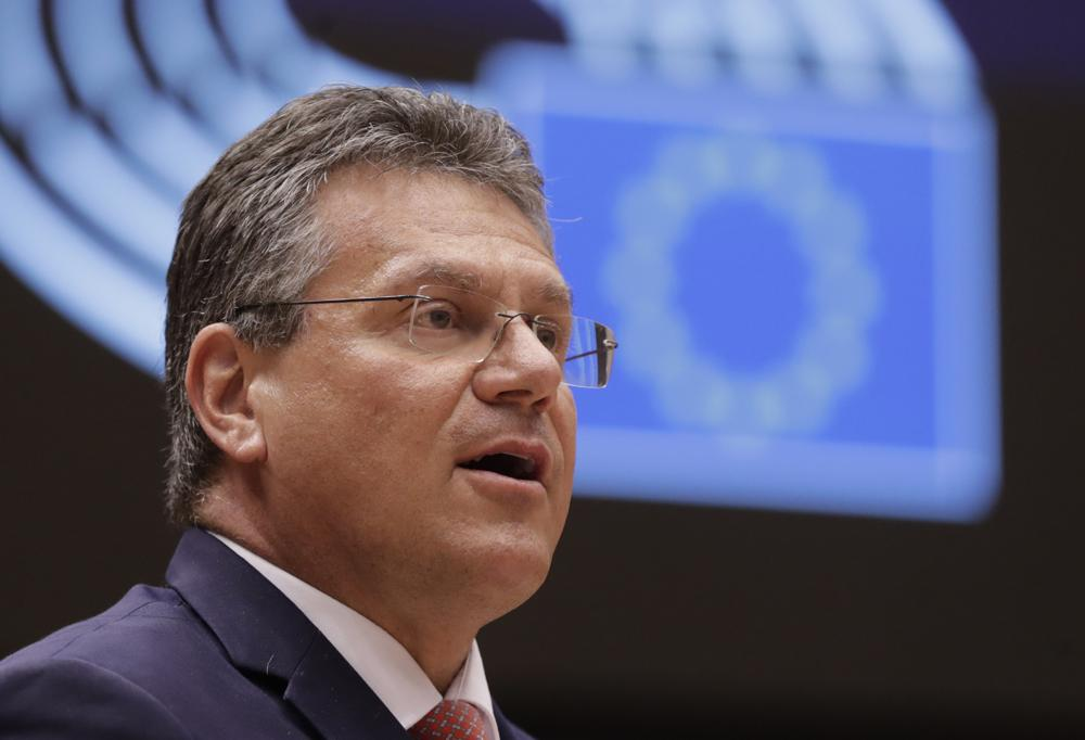 In this file photo dated Tuesday, April 27, 2021, European Commissioner for Inter-institutional Relations and Foresight Maros Sefcovic speaks during a debate at the European Parliament in Brussels. Photo: AP 