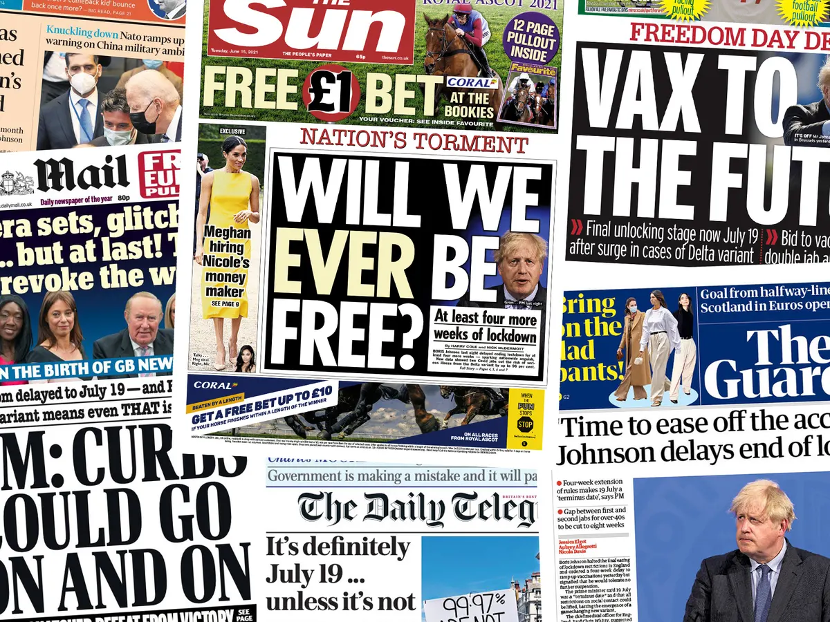 Pages from UK papers after lifting of the lockdown is delayed after a surge in cases of the Delta variant of Covid-19 Composite: Various