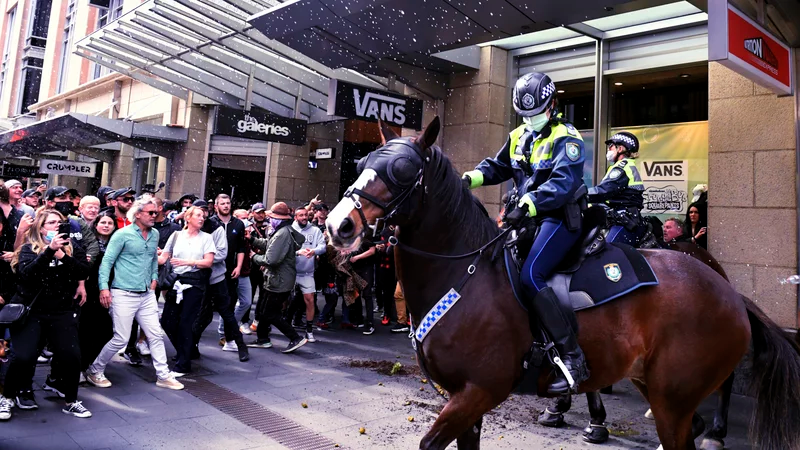 Protesters and mounted police clash at Sydney Town Hall on Saturday. Mick Tsikas/AP