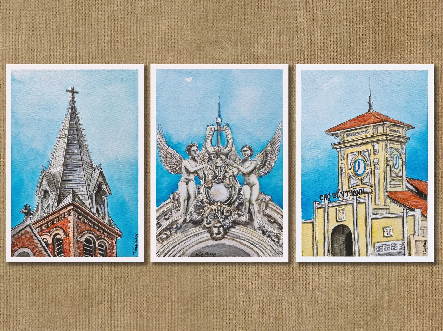Drawings of famous architecture in Saigon. Photo: Tang Quang Drawings of famous architecture in Saigon. Photo: Tang Quang