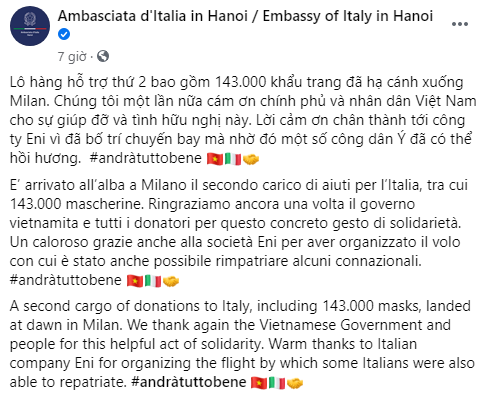 covid 19 fight second cargo of face masks from vietnam arrived in italy