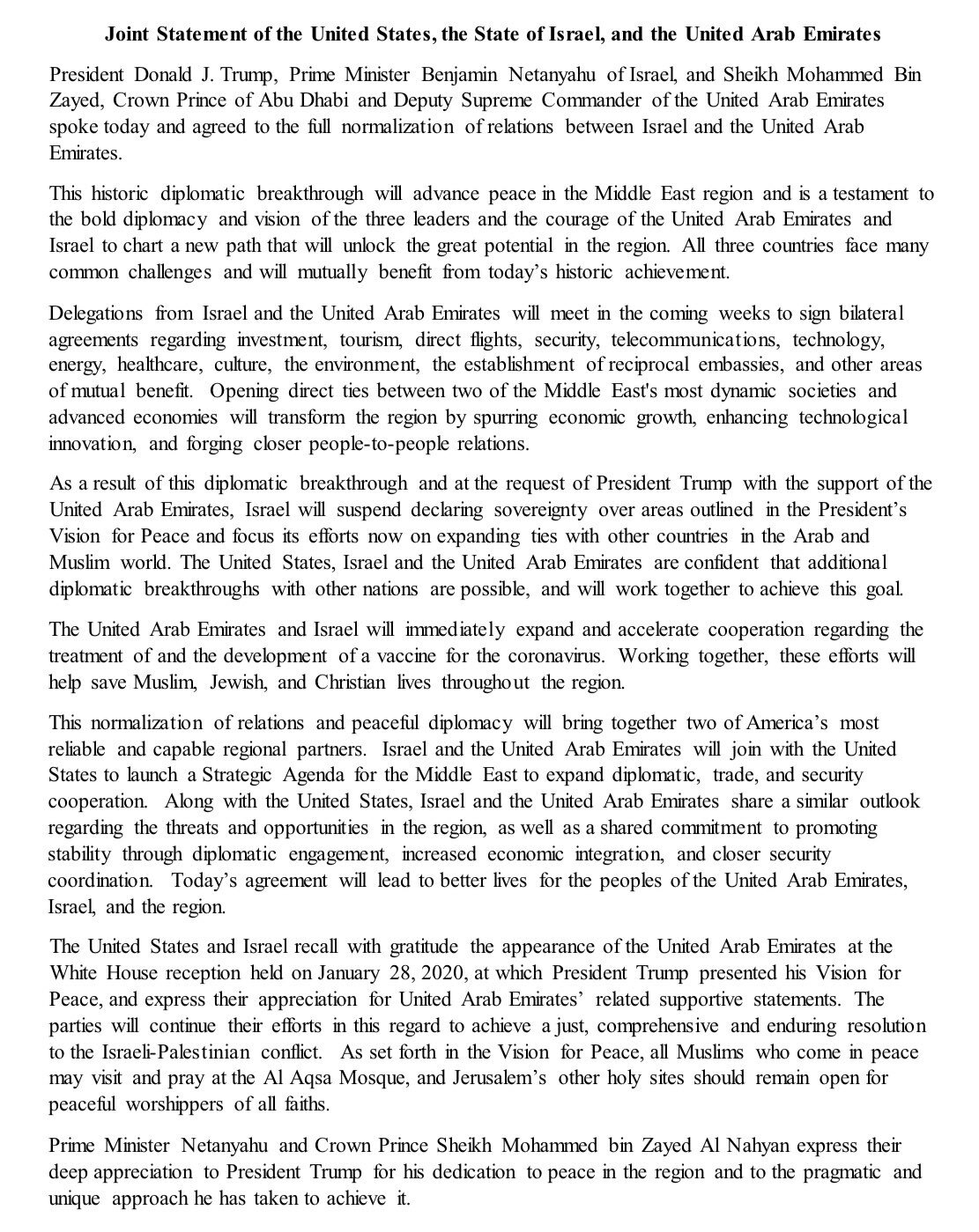 israel uae reach historic deal to normalise relations with us help