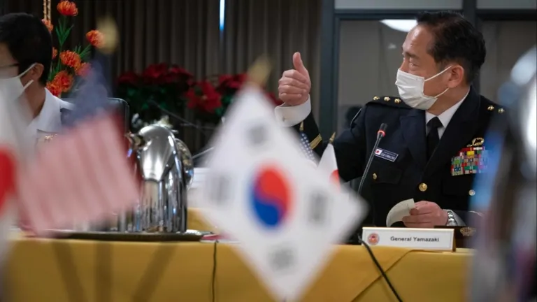 Gen. Koji Yamazaki, chief of staff of the Japan Self-Defense Forces' Joint Staff, takes part in a three-way meeting with his American and South Korean counterparts in Hawaii. (Photo courtesy of the Office of the Chairman of the U.S. Joint Chiefs of Staff)