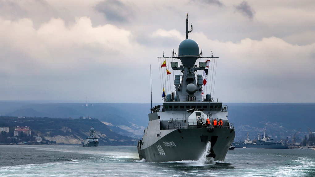 This handout photo released on Wednesday, April 14, 2021 by Russian Defense Ministry Press Service shows, Russian navy ships are seen during navy drills in the Black Sea. (Russian Defense Ministry Press Service via AP)