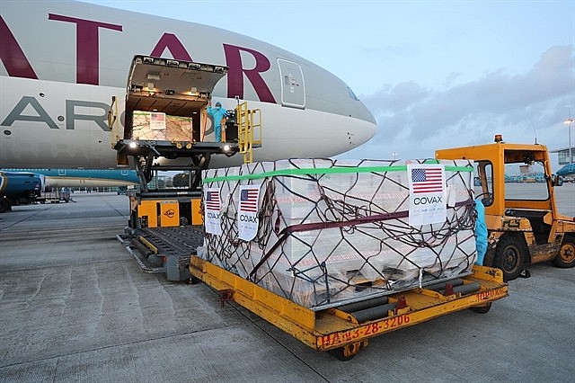 A batch of Moderna Covid-19 vaccine donated by the U.S. via Covax arrives at Hanoi's Noi Bai International Airport, July 10, 2021