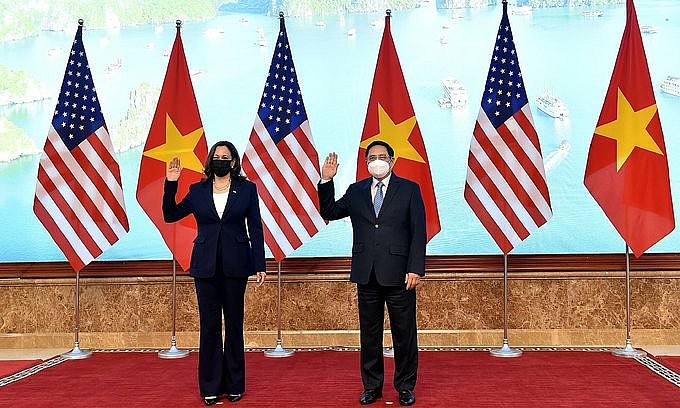 U.S. Vice President Kamala Harris and Vietnam's Prime Minister Pham Minh Chinh during a meeting at the Government Office in Hanoi, August 25, 2021. Photo by VnExpress/Giang Huy
