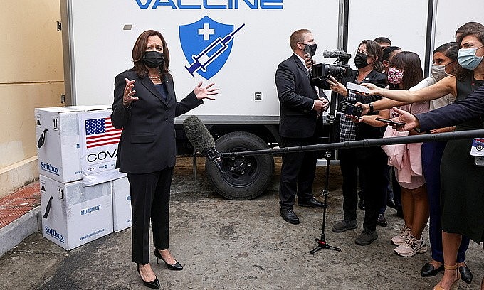 U.S. Vice President Kamala Harris speaks with the media as she visits the National Institute of Hygiene and Epidemiology where nearly 270,000 doses of Pfizer vaccine arrived earlier in the morning, in Hanoi, Vietnam, August 26, 2021. Photo by Reuters/Evelyn Hockstein