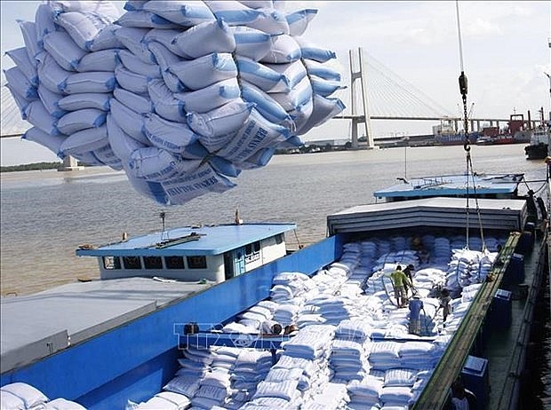 Loading and unloading rice for export at Saigon port.  (Source: VNA)