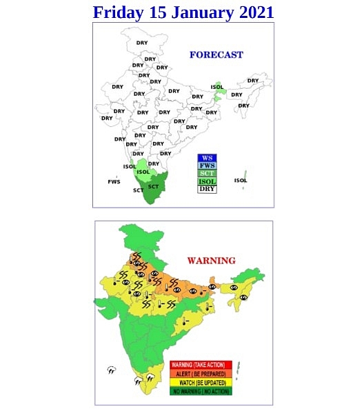 India weather forecast latest, January 15: Scattered Rains, thunderstorms in Tamil Nadu, Kerala while isolated showers to cover Karnataka, Andhra