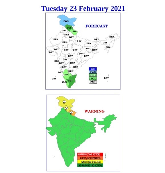 India daily weather forecast latest, February 23: Scattered to fairly widespread snow or rain with thunderstorms over Himachal Pradesh