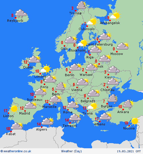 UK and europe daily weather forecast latest, march 19: fairly cloudy, less warm with morning rain over central northern england