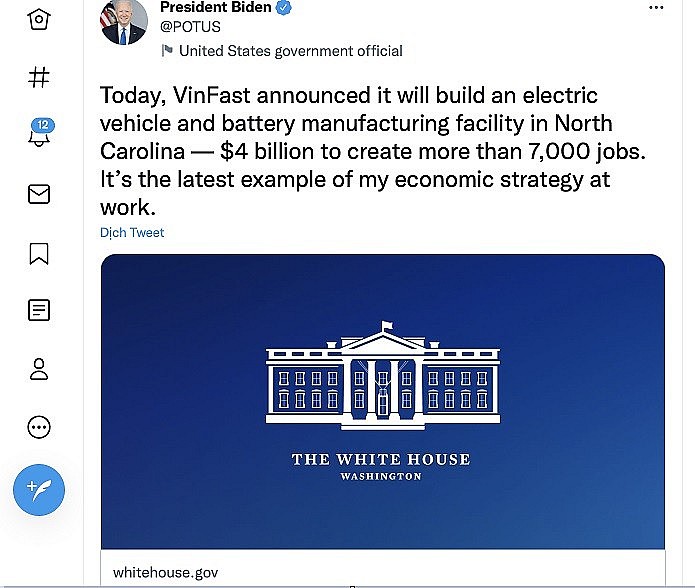 US President Biden Announced VinFast to Build Electric Vehicle Factory in The US
