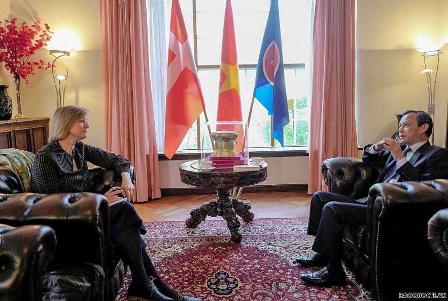 Vietnamese Ambassador to Denmark Luong Thanh Nghi (R) meets with Denmark-Vietnam Friendship Organisation (DAVIFO) President Trine Glue Doan. (Photo; baoquocte.vn)