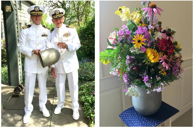 LEFT: Navy veterans Tom Wilber and his father Gene Wilber just before participating in the 2015 Memorial Day parade. RIGHT: The bullet nose from Navy pilot Gene Wilber's downed jet fighter repurposed as a flower pot at his funeral service on July 15, 2015. FAMILY PHOTO
