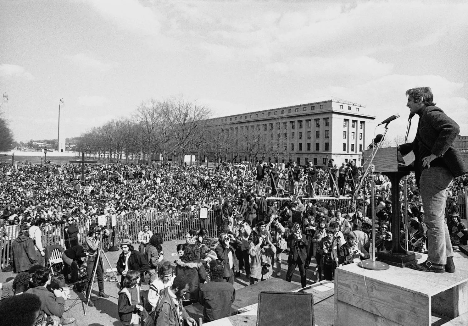 Daniel Ellsberg, chief defendant in the Pentagon Papers case, addresses an anti-war crowd in Harrisburg, Pa., on April 1, 1972. RUSTY KENNEDY, AP