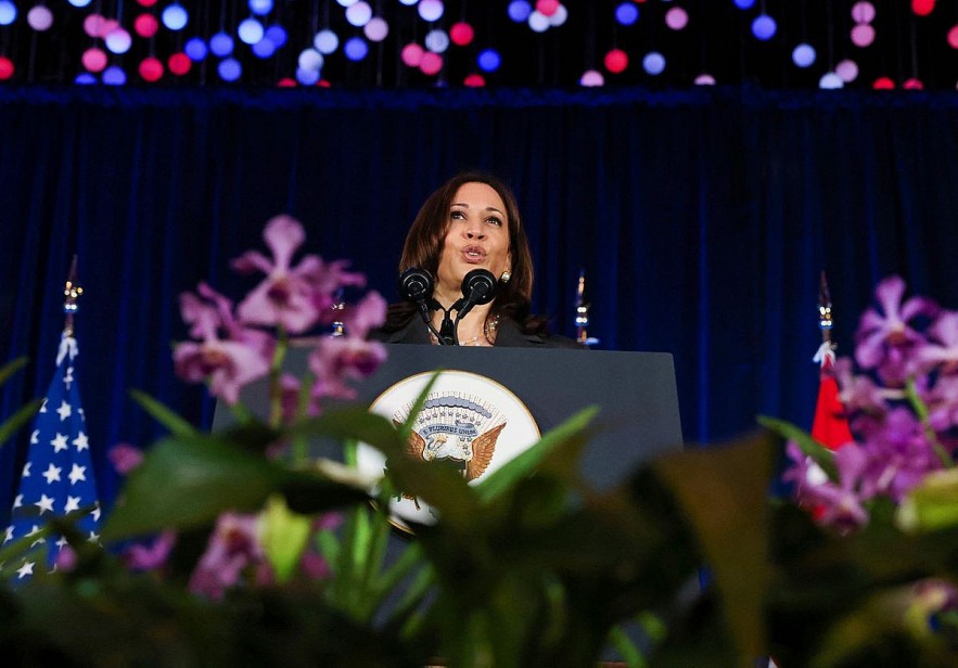 U.S. Vice President Kamala Harris delivers a speech at Gardens by the Bay in Singapore before departing for Vietnam on the second leg of her Asia trip, Aug., 24, 2021.