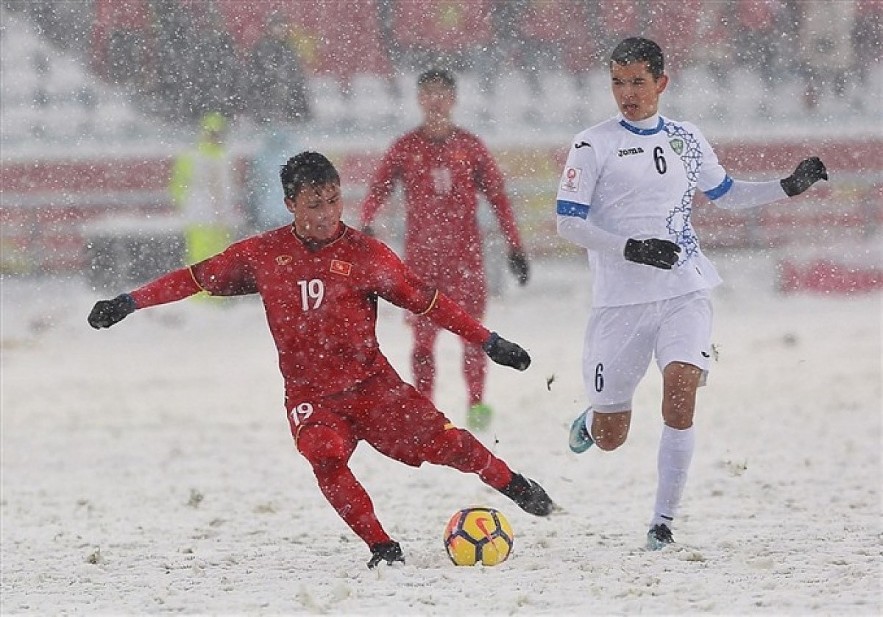 Midfielder Quang Hai scores a goal for Vietnam in the match against Uzbekistan in the U23 Asian Cup final in 2018. Photo laodong.com