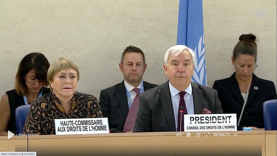 UN High Commissioner for Human Rights Michelle Bachelet (L) presents her annual report at the opening ceremony of the 50th session. Photo: UN video screenshot.