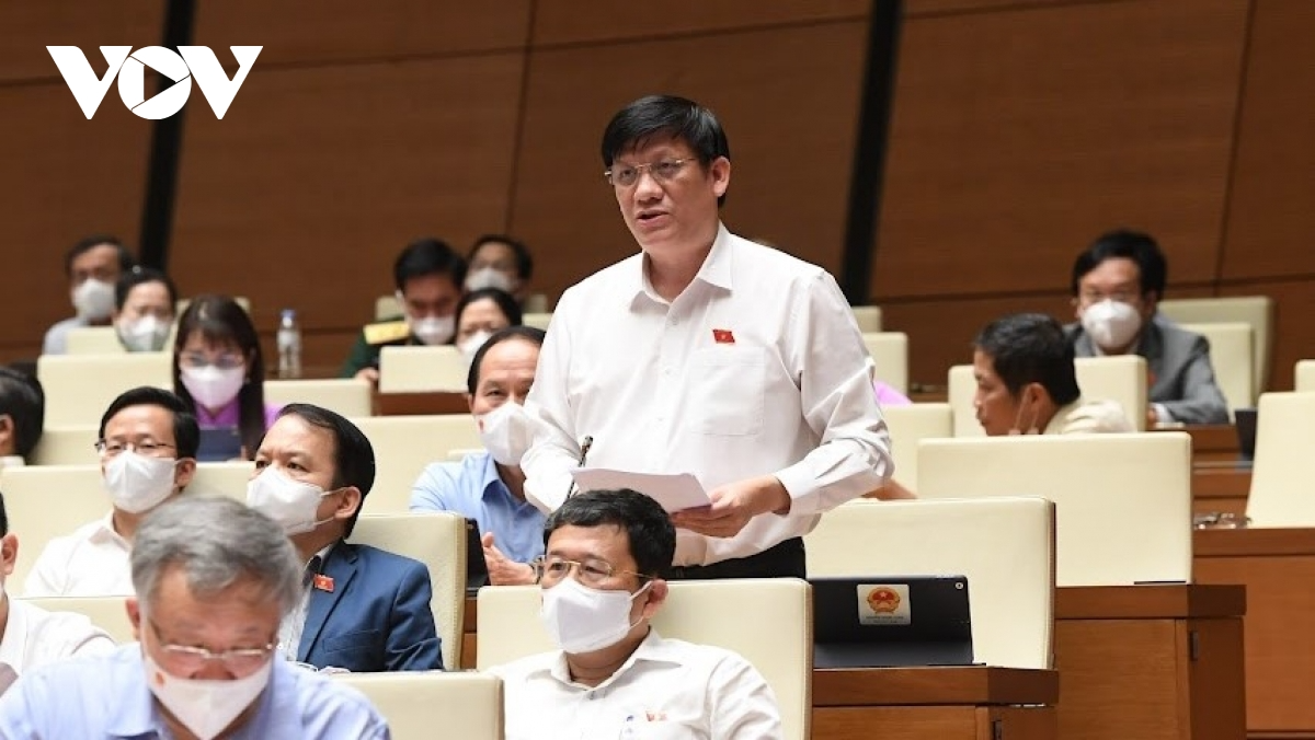 Health Minister Nguyen Thanh Long presents a report during the ongoing first session of the 15th legislature held on July 25. Photo: VOV
