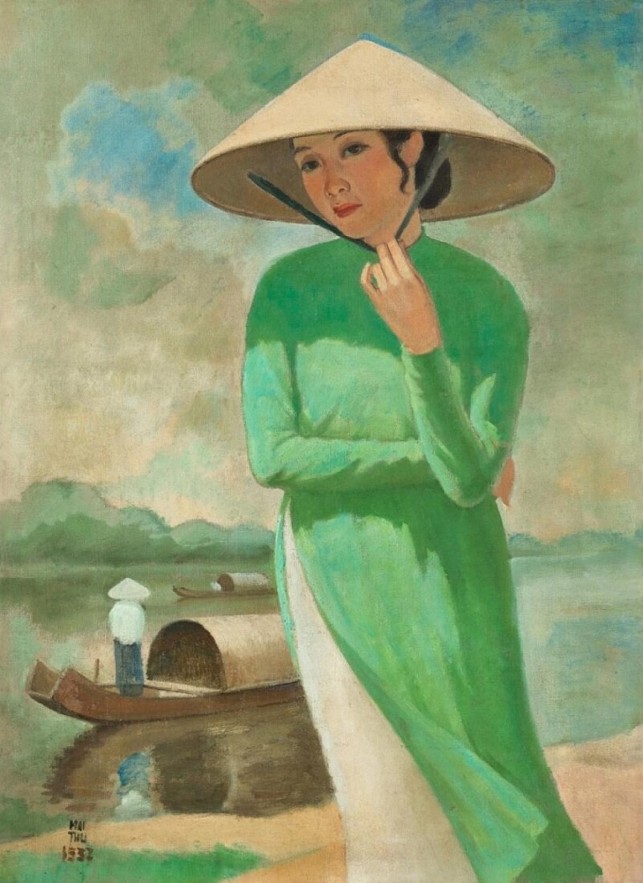 An oil and canvas painting titled “Young Woman With A Conical Hat By The River” by Vietnamese artist Mai Trung Thu. Photo: Sotheby's