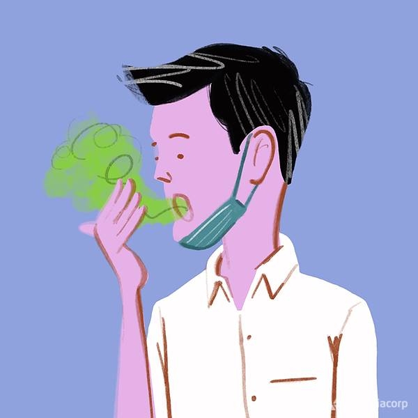 2759 illustration of man with mask pulled down sniffing his breath